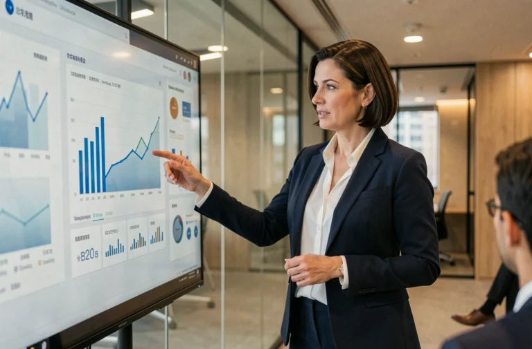 Femme professionnelle présentant un tableau de bord de ventes digitales lors d'une réunion B2B en entreprise