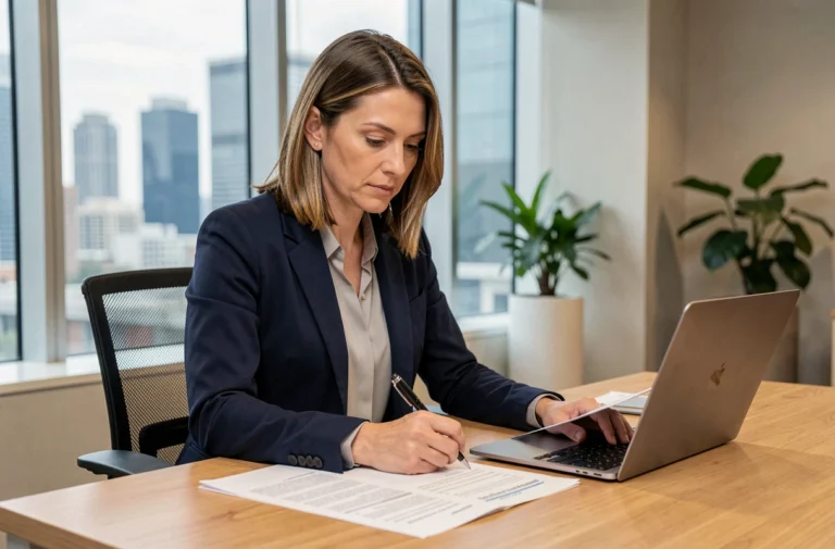 Femme professionnelle examinant des documents de logement et un contrat locatif dans un bureau moderne, illustration du guide Killahejlaszo Housing Ltd pour les particuliers