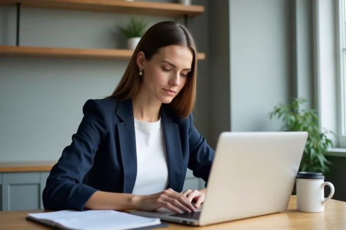 Femme professionnelle consultant son CV sur un ordinateur portable lors de sa recherche d'emploi à domicile