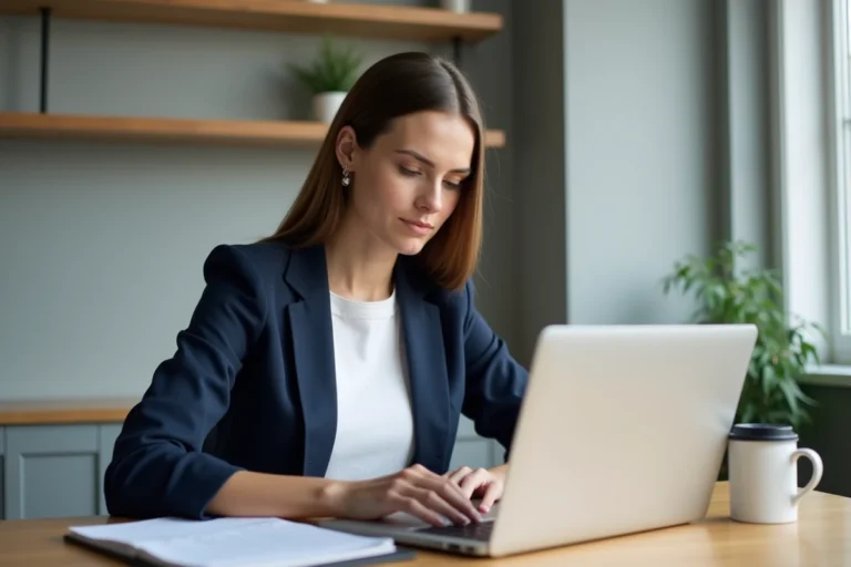 Femme professionnelle consultant son CV sur un ordinateur portable lors de sa recherche d'emploi à domicile