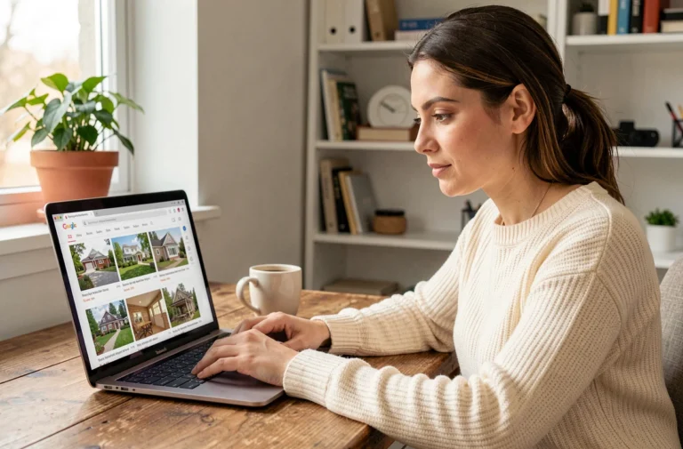 Femme cherchant une maison à louer sur un ordinateur portable dans un bureau à domicile
