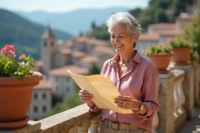 Femme senior aux cheveux argentés consultant une carte sur une terrasse en pierre avec vue sur un village méditerranéen