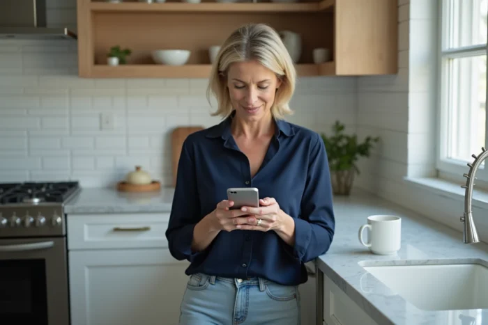 Femme lisant sur son smartphone la nouvelle adresse d'un site comme Padraz ou Faklum après un changement de domaine