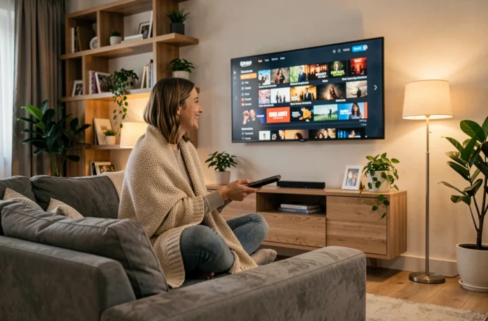 Jeune femme souriante regardant une plateforme de streaming sur grand écran dans un salon moderne et cosy