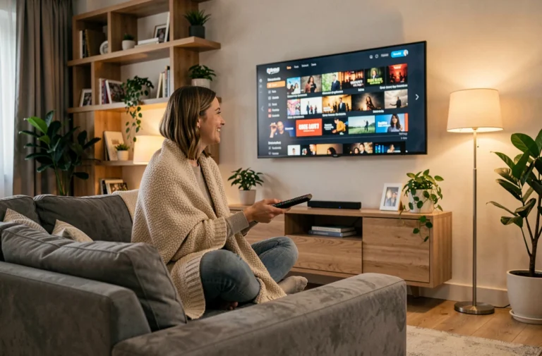 Jeune femme souriante regardant une plateforme de streaming sur grand écran dans un salon moderne et cosy
