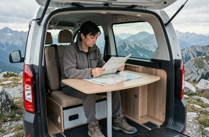 Femme consultant une carte routière à la table dépliée du Citroën Campster garé sur un plateau montagneux
