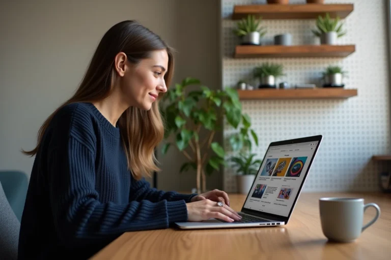 Jeune femme consultant les dernières tendances web sur son ordinateur portable dans un bureau moderne et minimaliste