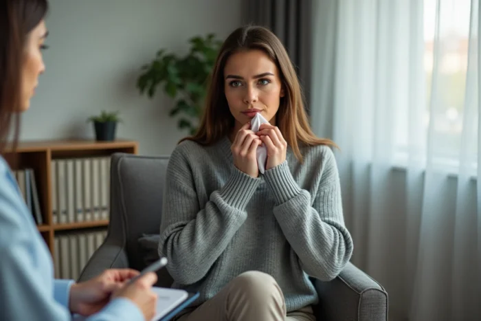 Femme en séance de thérapie exprimant sa vulnérabilité, évoquant le travail psychologique sur les blessures paternelles et les daddy issues