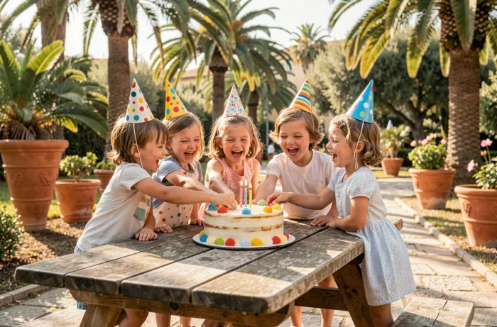 Groupe d'enfants joyeux autour d'un gâteau d'anniversaire dans un jardin à Nice lors d'une fête en plein air