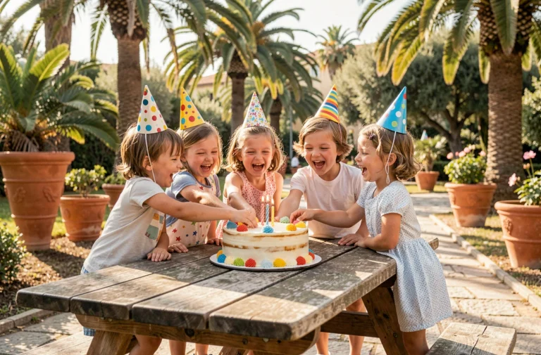 Groupe d'enfants joyeux autour d'un gâteau d'anniversaire dans un jardin à Nice lors d'une fête en plein air