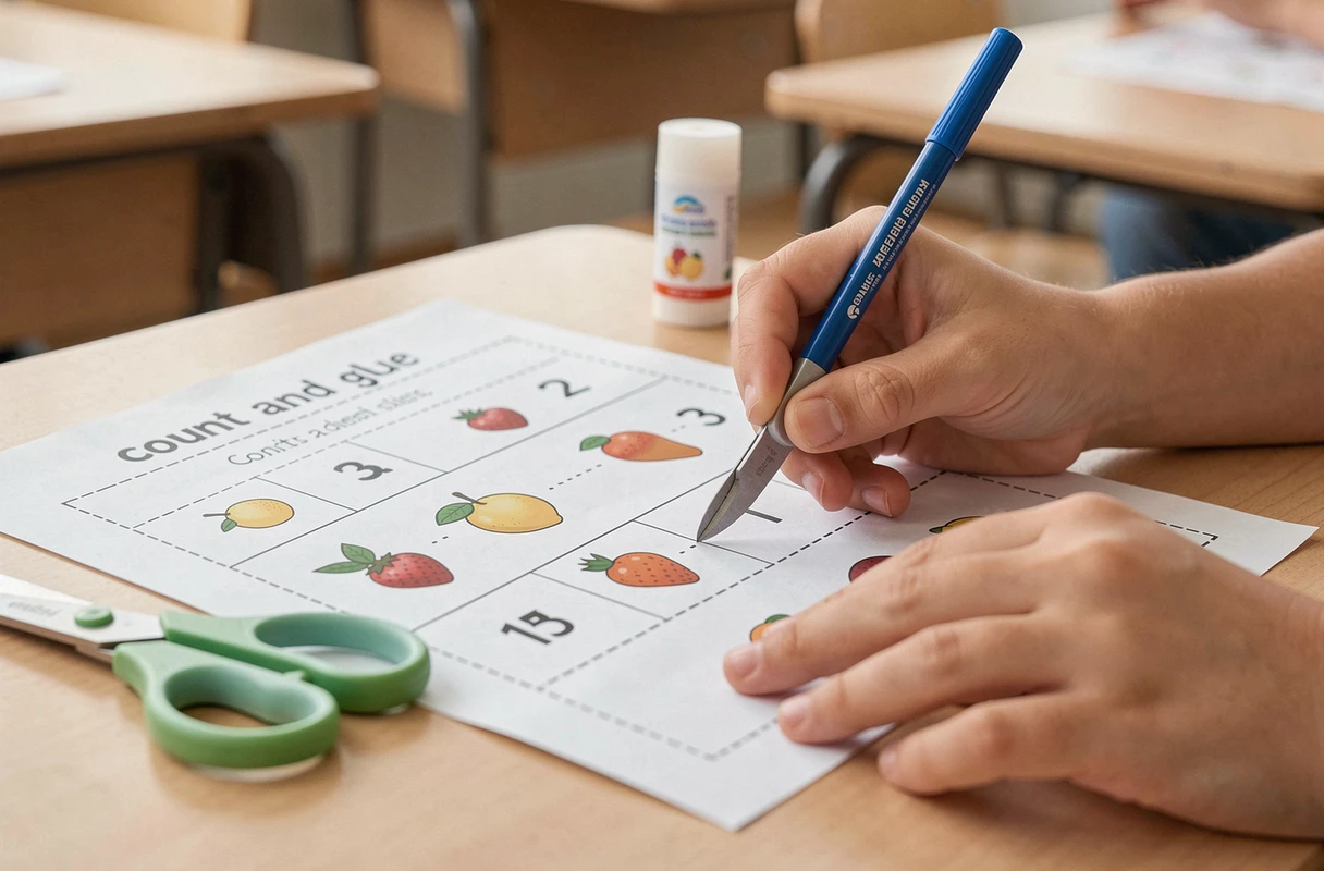 Fiche compter et coller avec découpage de petites images à coller dans les cases numérotées pour la maternelle