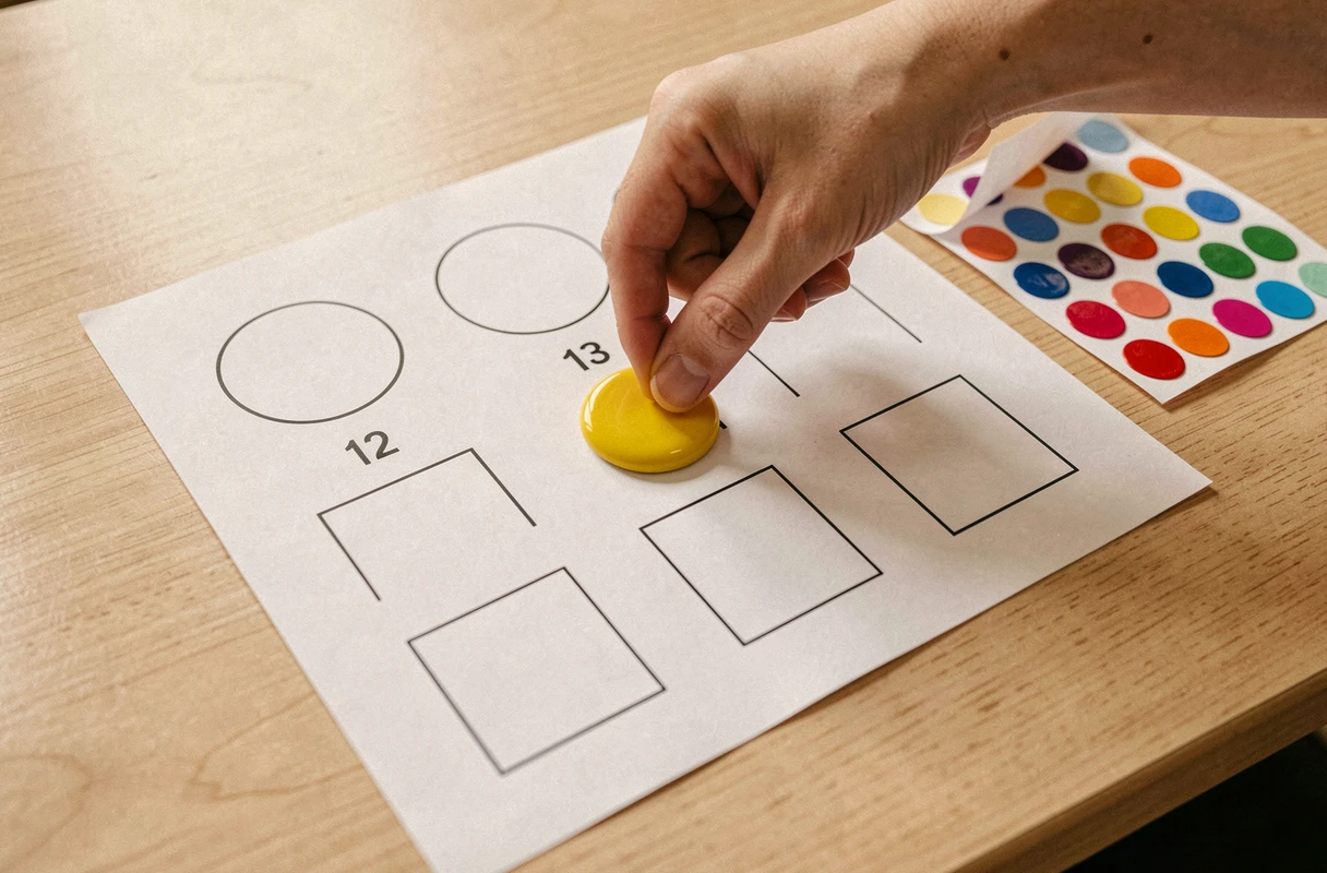 Fiche de dénombrement par gommettes avec cases à compléter en collant des pastilles colorées en petite section maternelle