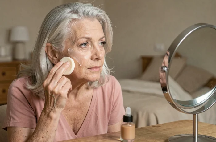 Une femme de 70 ans appliquant un fond de teint sérum léger avec une éponge humide sur sa peau mature devant un miroir