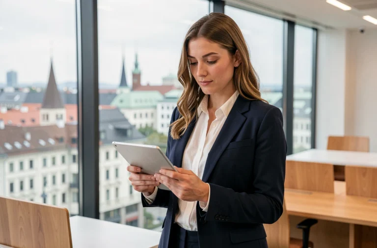 Fondatrice de startup suisse en blazer marine tenant une tablette numérique devant une vue panoramique sur Zurich