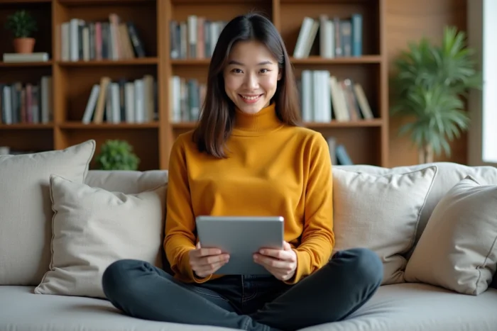 Jeune femme suivant une formation en marketing en ligne sur tablette depuis son bureau à domicile