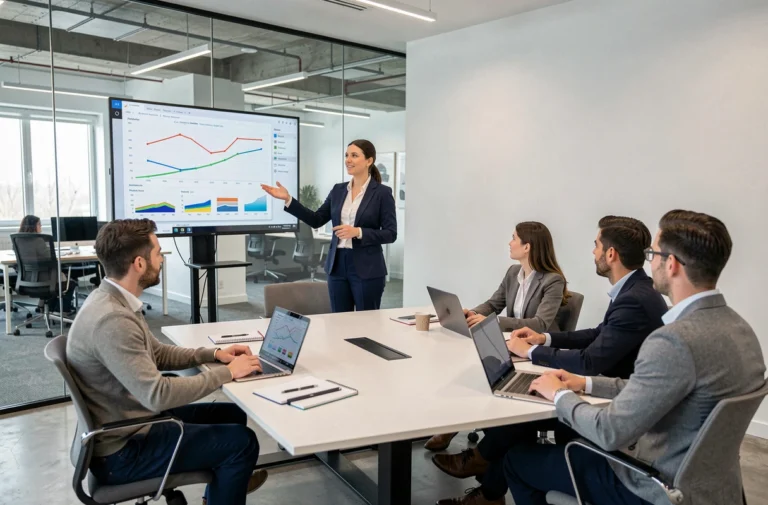 Formatrice en entreprise animant une session de formation professionnelle pour des salariés en salle de réunion moderne