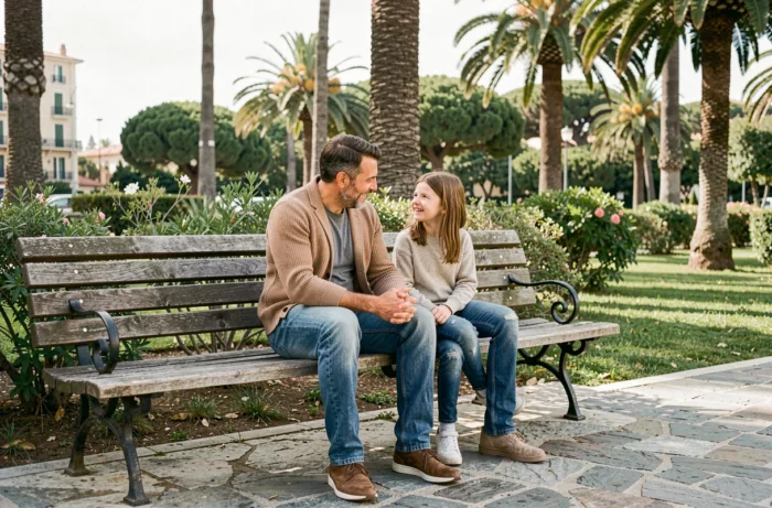 Père et sa fille partageant un moment dans un parc à Nice lors d'une garde alternée après séparation