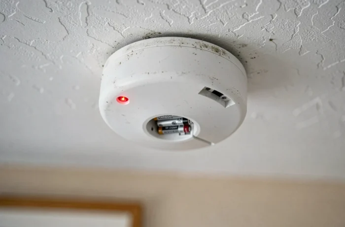Gros plan d'un détecteur de fumée blanc au plafond avec LED rouge clignotante et compartiment batterie ouvert