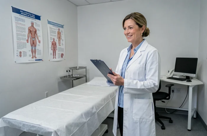 Gynécologue expliquant les étapes d'un examen de frottis à sa patiente dans un cabinet médical