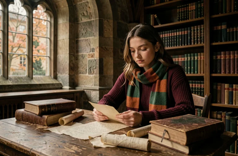 Jeune femme lisant une lettre romantique dans une bibliothèque de château inspirée de l'univers Harry Potter, ambiance magique automnale