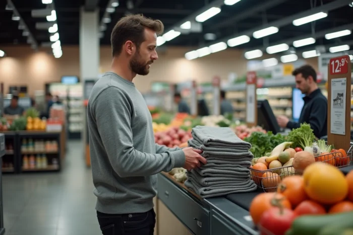 Homme en sweatshirt Armor Lux passant ses achats en caisse dans un hypermarché Intermarché