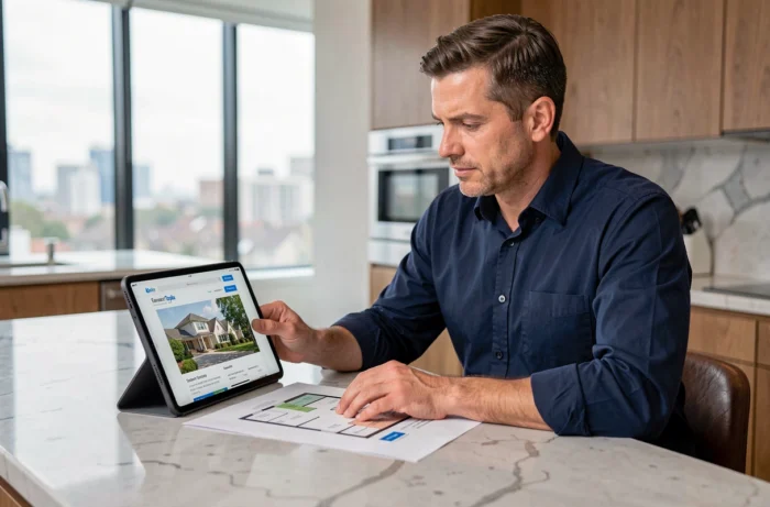 Homme comparant des offres de location immobilière sur une tablette dans une cuisine moderne
