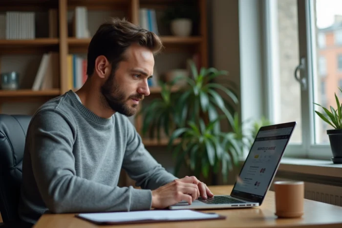 Homme consultant un site web pour trouver l'adresse mise à jour d'une plateforme en ligne comme Padraz ou Faklum