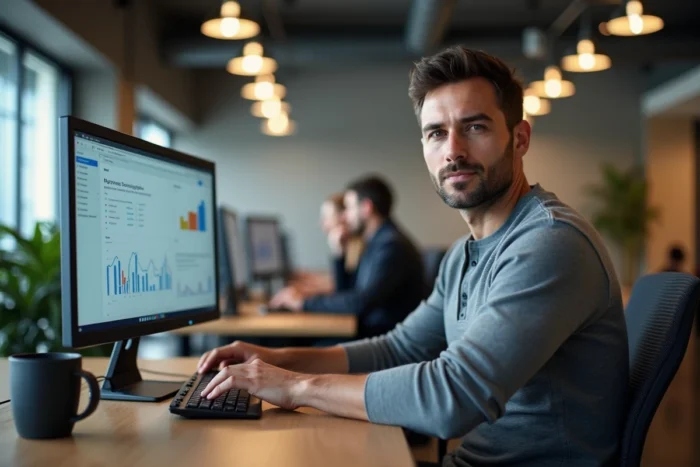 Homme professionnel travaillant sur des outils de développement business dans un espace de coworking moderne
