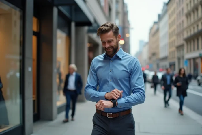 Homme consultant sa montre connectée en ville, symbolisant l'intégration de la technologie high-tech dans la vie quotidienne urbaine