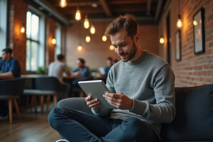 Jeune homme utilisant une tablette pour consulter des offres d'emploi en ligne dans un espace de coworking