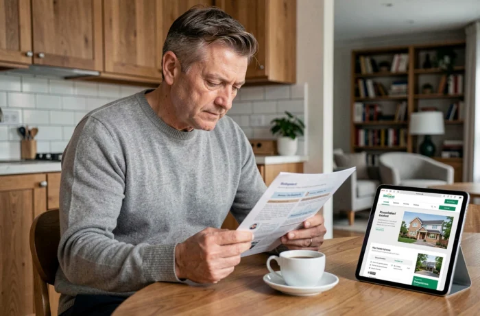Homme particulier lisant attentivement un guide complet sur les services de logement Killahejlaszo Housing Ltd à son domicile