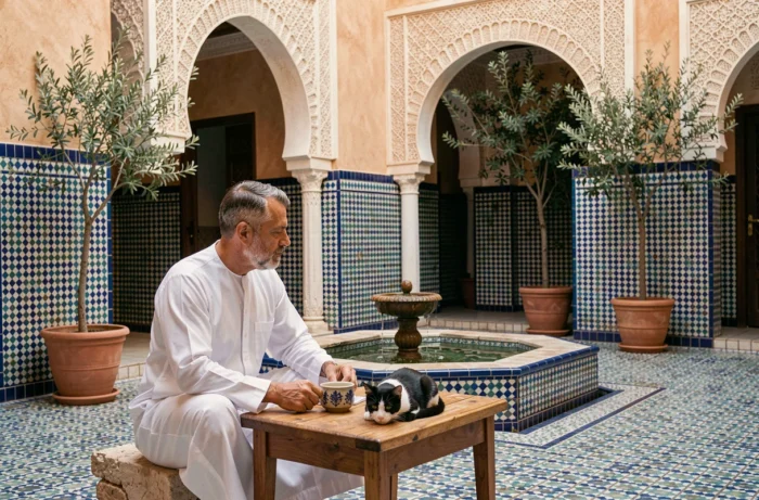Homme en tenue traditionnelle assis dans un patio marocain avec un chat noir et blanc, symbolisant la réflexion spirituelle et l'interprétation des rêves en islam
