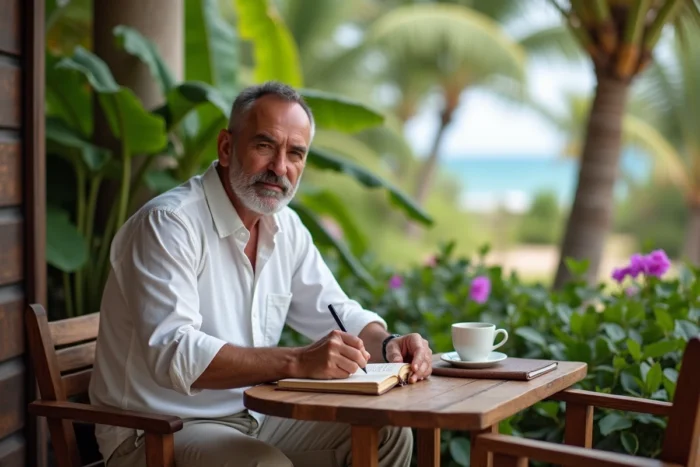 Homme senior barbu écrivant dans un journal de voyage dans un café en terrasse tropicale avec vue sur l'océan
