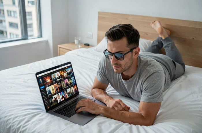 Homme détendu regardant une série sur une plateforme de streaming depuis son lit avec un ordinateur portable