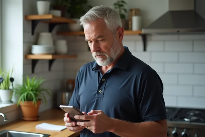 Homme d'âge mûr consultant son smartphone pour apprendre à utiliser une application technologique dans sa cuisine