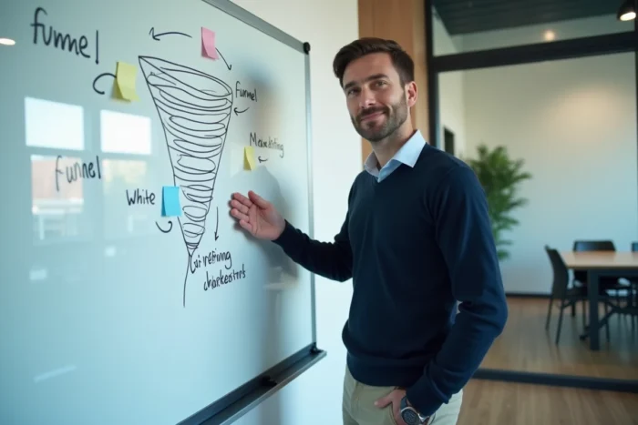 Homme présentant une stratégie de marketing digital sur un tableau blanc dans une salle de réunion professionnelle