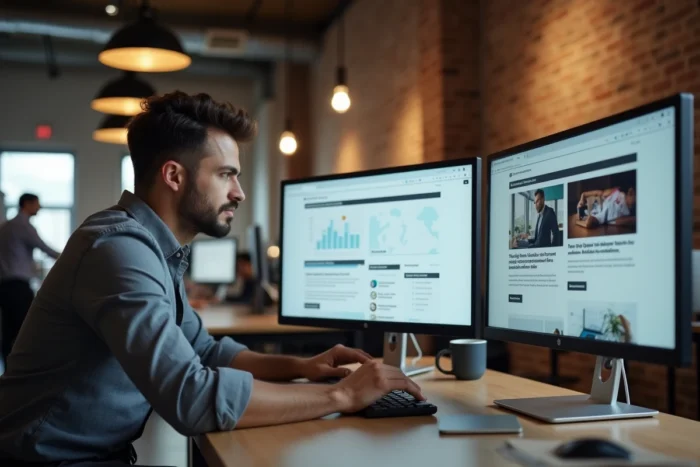 Homme analysant des articles et tendances numériques sur deux écrans dans un espace de coworking moderne