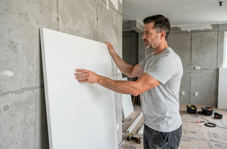 Homme installant un panneau mural Vipanel blanc dans une pièce en cours de rénovation, outils visibles au sol