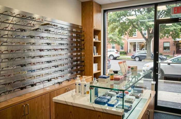 Intérieur d'une boutique d'opticien de proximité avec présentoirs de lunettes et accessoires pour lentilles