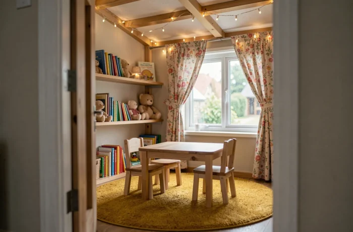 Intérieur aménagé d'une maisonnette de jeu avec table, chaises miniatures et décorations colorées