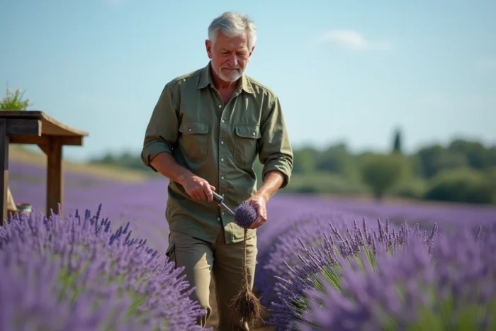 Jardinier expérimenté inspectant un plant de lavande arraché dans un champ de lavande en fleur en Provence