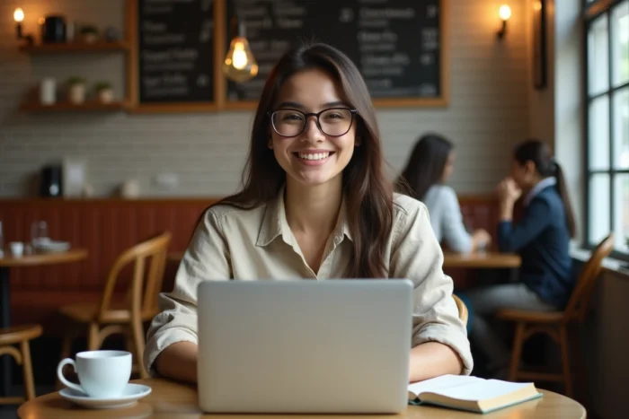 Jeune femme entrepreneur souriante travaillant sur son ordinateur portable dans un café indépendant chaleureux