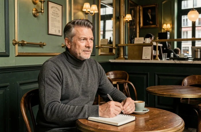 Homme discret attablé dans un café parisien avec carnet et espresso, évoquant la vie privée du mari de la journaliste Maryse Burgot