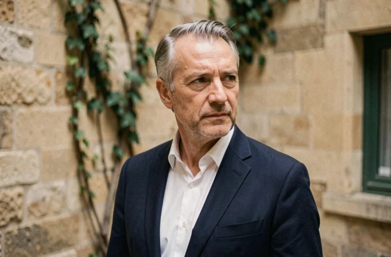 Portrait d'un homme discret et élégant dans une cour parisienne, illustrant le profil de Jonathan Halls, mari de Maryse Burgot