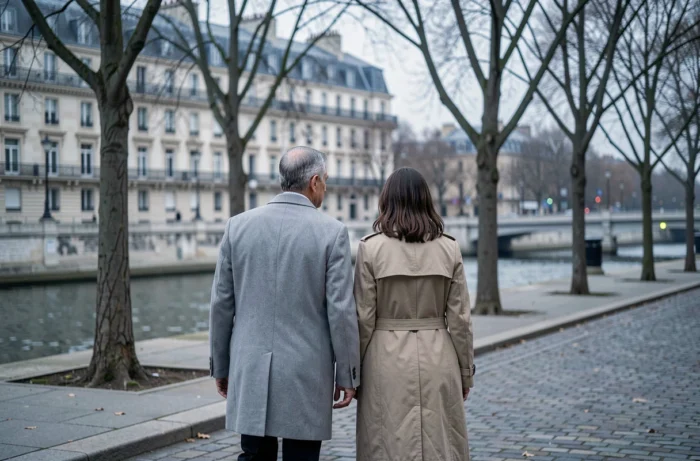 Couple marchant de dos le long des quais de la Seine à Paris en automne, illustrant la discrétion de Jonathan Halls et Maryse Burgot dans leur vie privée