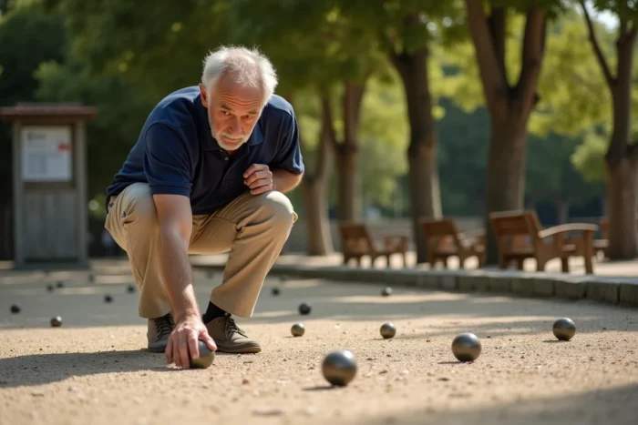 Joueur de pétanque licencié FFPJP en position de tir sur un boulodrome en gravier en plein air