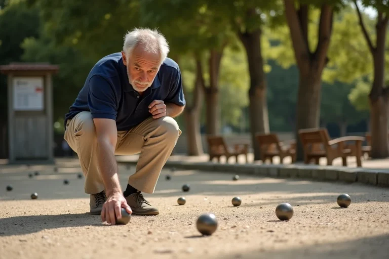 Joueur de pétanque licencié FFPJP en position de tir sur un boulodrome en gravier en plein air