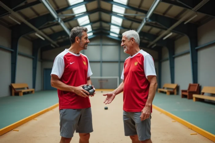 Deux joueurs de pétanque licenciés discutant de leurs points FFPJP après une partie en salle