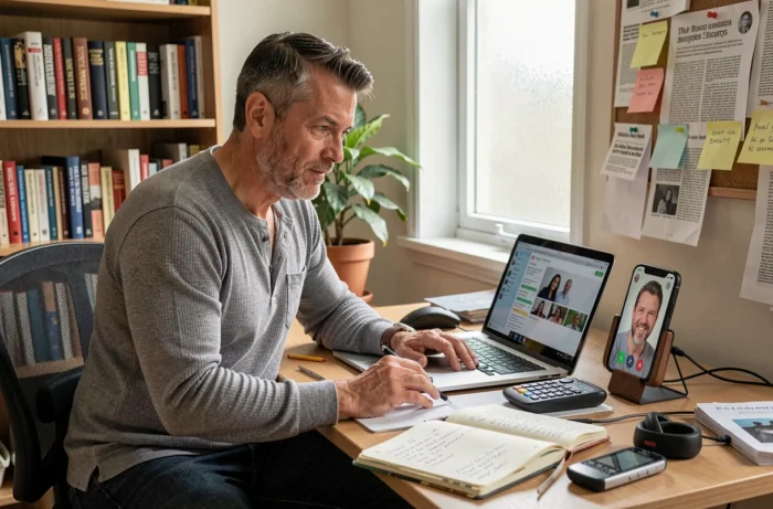 Journaliste indépendant travaillant depuis son bureau à domicile avec un enregistreur audio numérique et un ordinateur portable pour mener des interviews en ligne