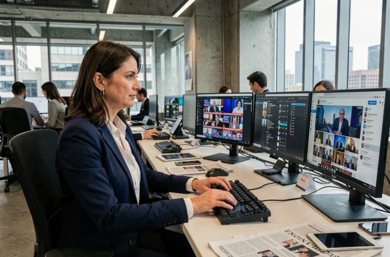 Journaliste professionnelle travaillant dans une salle de rédaction numérique moderne avec plusieurs écrans affichant des flux d'actualités en temps réel